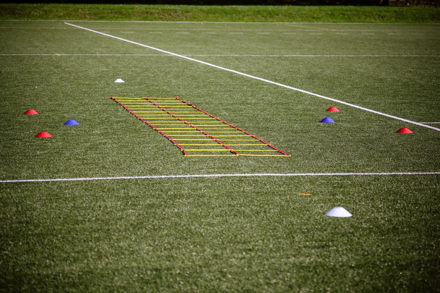 Agility ladder and marker cones on a training pitch